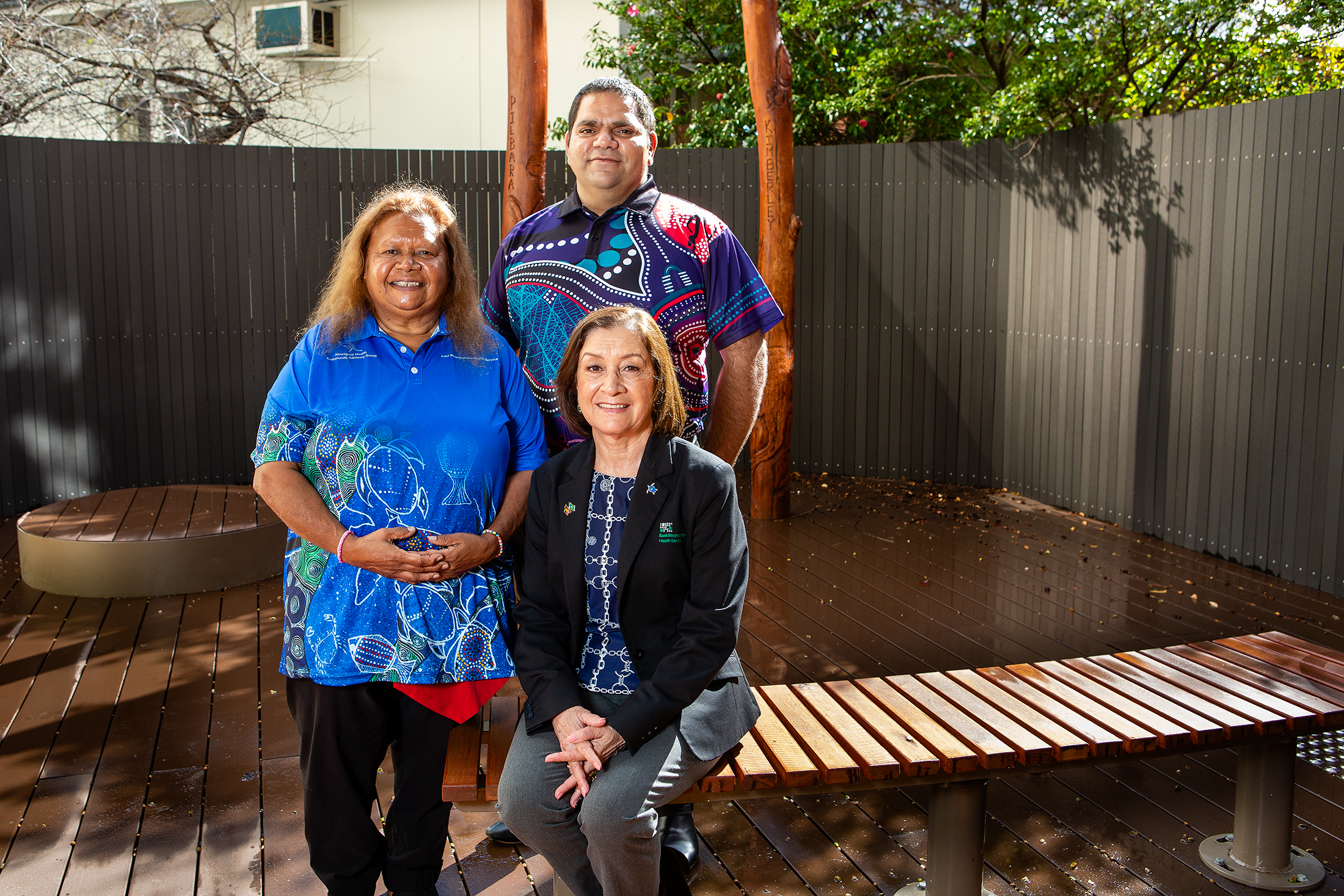 L-R: Brenda Greenfield (Aboriginal community group member), Denese Griffin (Director Aboriginal Health Strategy) and Robert Morrison (A/Senior Development Officer Community Engagement) in the Aboriginal Family Garden